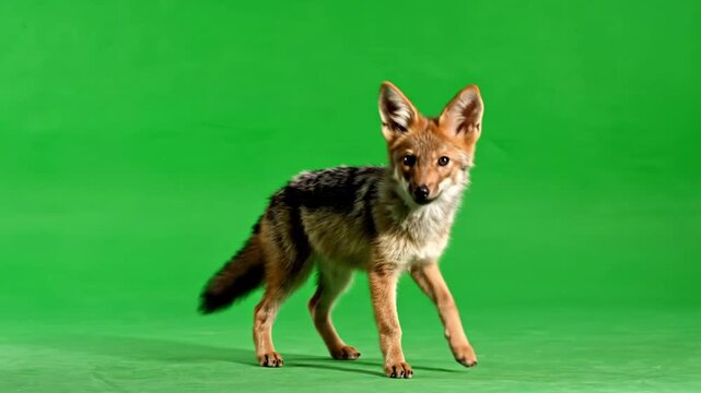 A black-backed jackal stands alert on a vibrant green screen background, looking towards the viewer, ready for digital compositing.