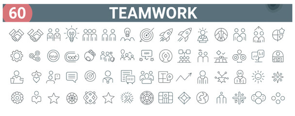Fototapeta premium Sixty teamwork and business collaboration line icons for modern corporate branding
