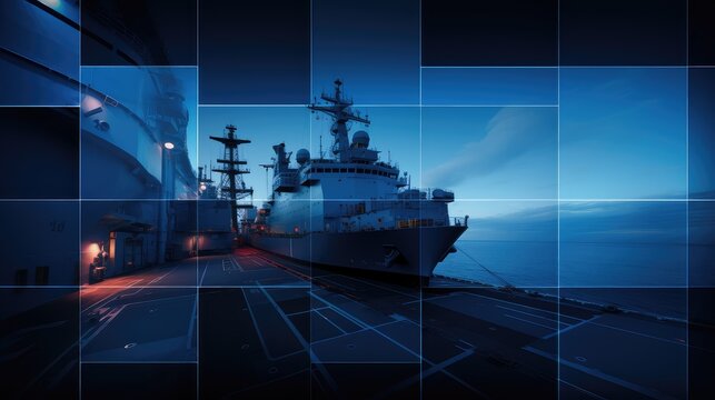 Naval ships moored in a commercial port featuring a digital grid overlay, representing advancements in maritime technology, security, and global communication