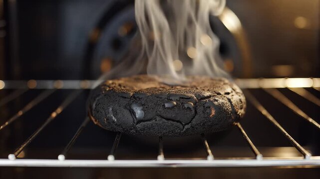 Burnt Burger Cooking in Oven Smoke Rising from Overcooked Patty.