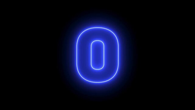 Blue neon countdown timer from 5 to 0, glowing number animation on black background loop