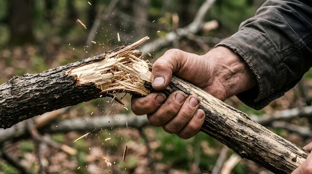 Hard Working Hands Splintering Wood In The Forest