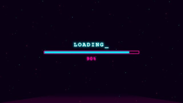 Loading Progress Bar in Retro Neon Style Displays Data Transfer and Completion on Digital Screen