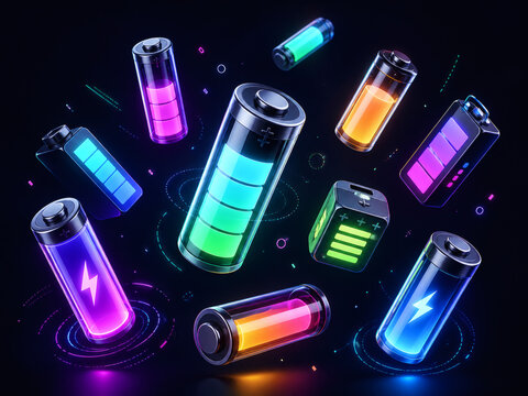 Futuristic Neon Battery Icons and Energy Power Illustration
