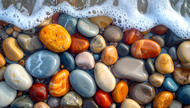 Colorful collection of smooth wave-worn stones and pebbles on a wet shore