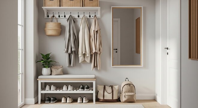 Bright hallway interior with bench, shoes, bags, and outerwear, showing practical entry organization, tidy family home storage, and realistic everyday living.