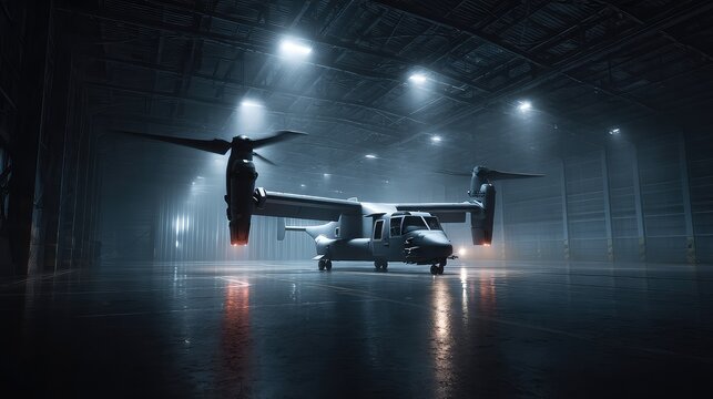 Tiltrotor military aircraft idling in a moody hangar, rotors spinning under dramatic spotlight, poised for rapid deployment and advanced tactical air operations