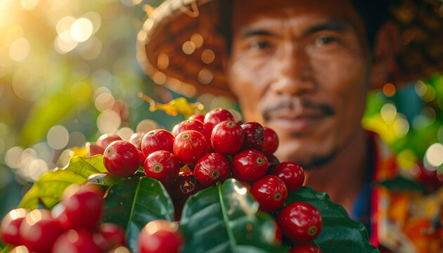 Smiling man with coffee cherries plant.