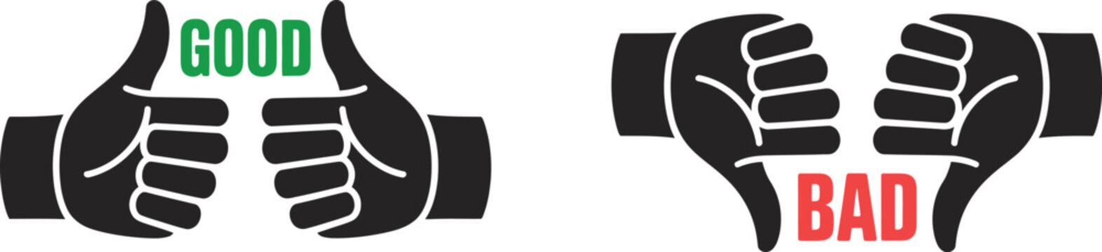 Thumb up and thumb down icon set, clean vector icons showing up and down hands with check symbols for voting feedback rating and user interaction design.