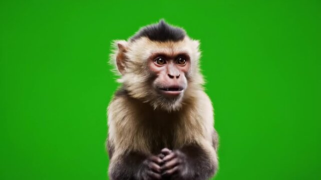 A capuchin monkey with a curious expression on a green screen background, looking slightly to the right.