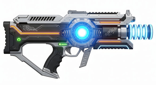 Pixel art futuristic blaster gun with blue light isolated on white background
