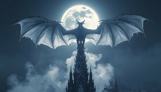 Terrifying Giant Bat Monster on Gothic Cathedral Spire, Ancient Vampire Demon with Spreading Membrane Wings under Full Moon, Ominous Night Horror Landscape, Cinematic Concept Art