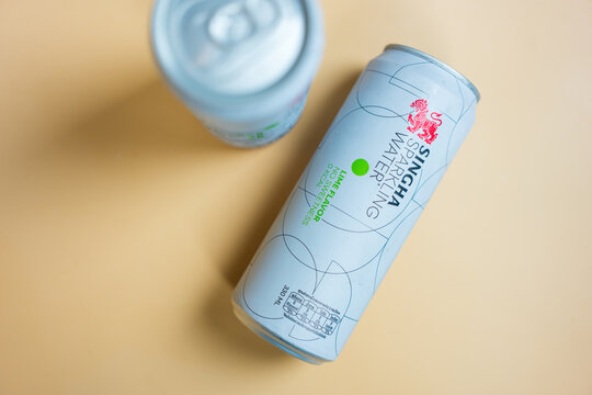 Bangkok, Thailand - May 6, 2026 : Singha Sparkling Water. Lemon Flavor delivers a bright, from Singha Corporation brand.