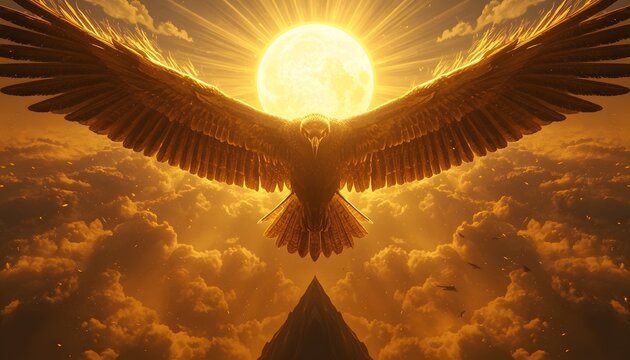 Divine Golden Garuda with Massive Wingspan Over Mountain Peak, Mythical Great Eagle Spreading Wings under Glowing Sun, Legendary Asian Phoenix God in Golden Clouds, Cinematic Epic Fantasy Art