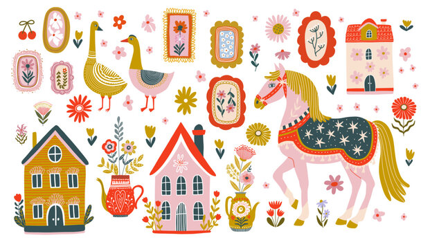 Folk Art Floral Frames and Decorative Botanical Elements	