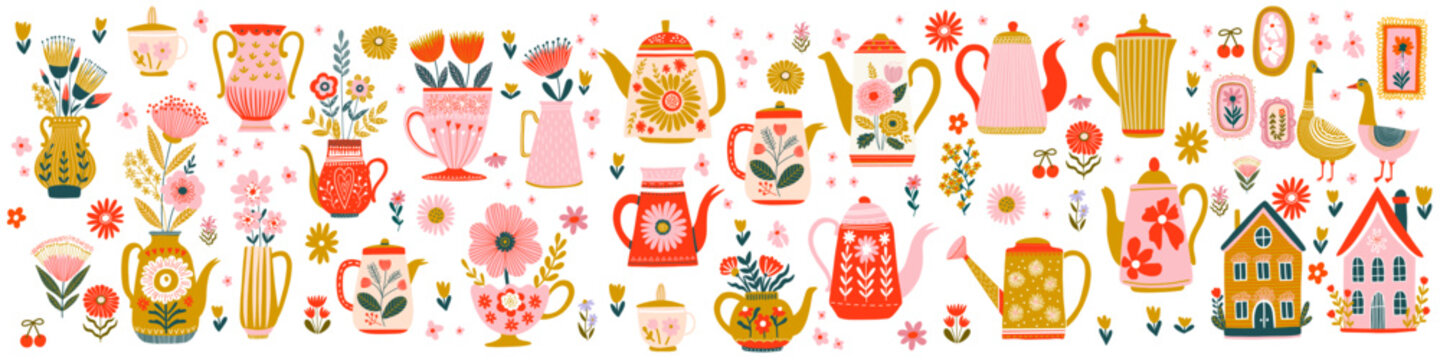 Folk Art Floral Frames and Decorative Botanical Elements	