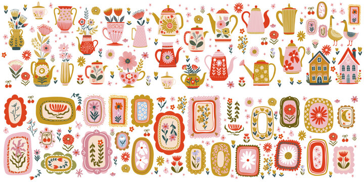 Folk Art Floral Frames and Decorative Botanical Elements	