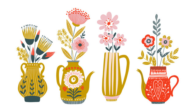 Folk Art Floral Frames and Decorative Botanical Elements	