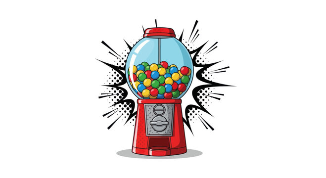 Retro Gumball Machine with Colorful Candies and Pop Art Burst
