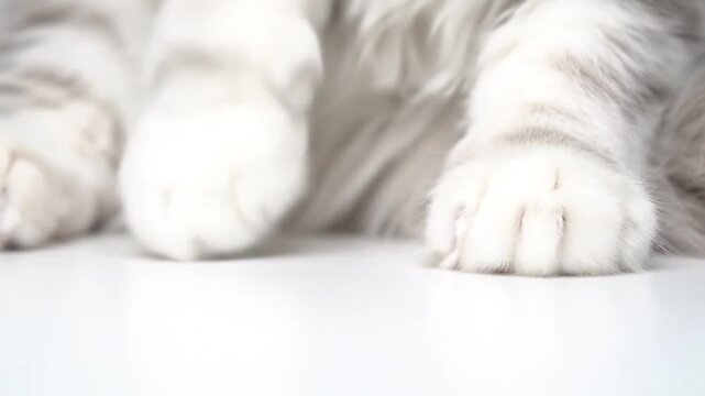 Macro Shot Of A Domestic Cat White And Grey Paws Kneading And Moving On A Bright White Floor