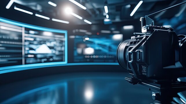 Professional recording camera focusing on a modern studio set with large curved screens displaying data graphics and bright overhead lighting, capturing content for media production