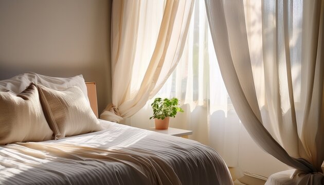 sheer linen curtains with sunlight on white bed minimal luxury