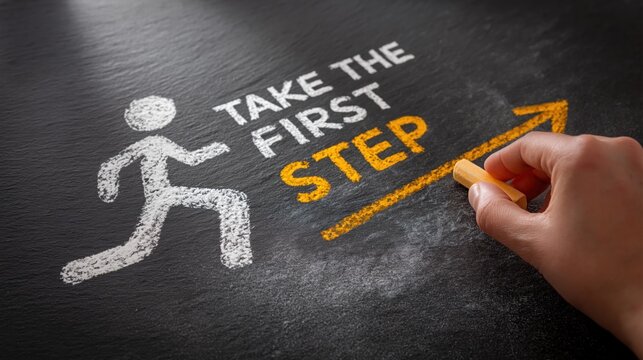 Chalkboard with an artistic drawing of a human figure taking the first step towards a bright future.
