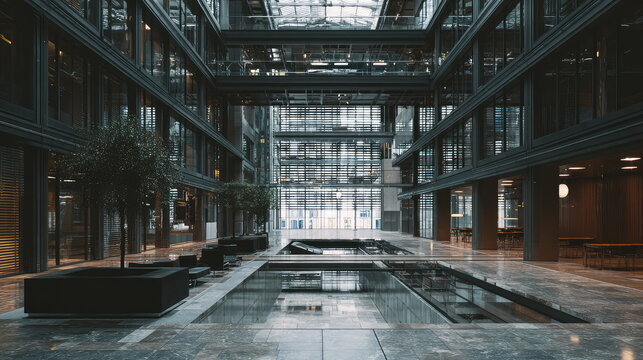Modern corporate building atrium features multiple levels of glass paneled offices, creating an open and reflective interior with water features and potted trees