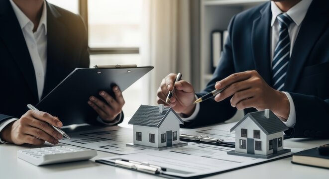 Two businesspeople discussing house models with documents and calculator