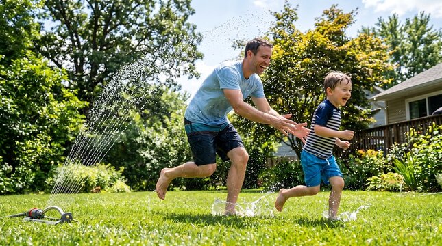 Father and son playing in sprinklers on a sunny summer day in the backyard