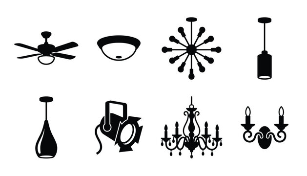 Vector set of various lighting fixtures icons, including ceiling fans, chandeliers, pendant lights, and wall sconces