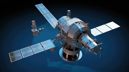Fototapeta premium Space station orbiting a distant planet with large solar arrays and advanced tech, symbolizing scientific research, renewable energy, and futuristic space exploration systems