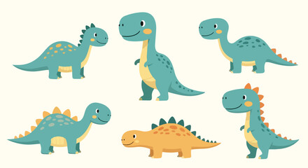 Cute dinosaur vector set, 6 cartoon prehistoric animal characters, friendly blue and orange t-rex and stegosaurus illustrations for kids nursery decor © stcok victer cenva