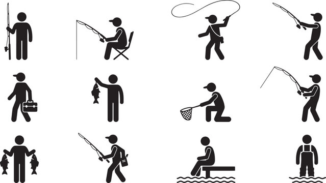Fishing activities icon set with angler silhouettes casting, catching fish and netting
