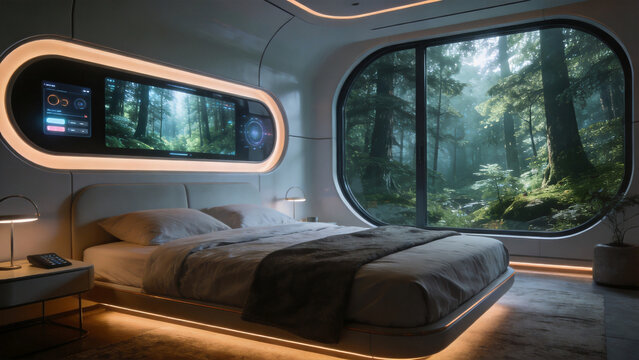 Modern futuristic bedroom with forest view