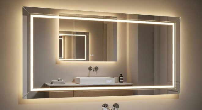 Modern illuminated vanity mirror with integrated LED lighting above a contemporary bathroom sink