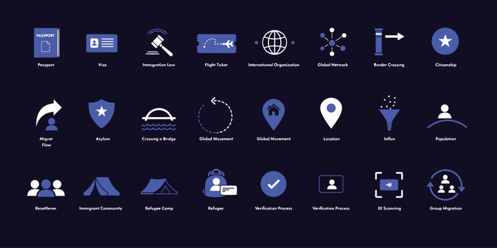 Set of twenty-four modern blue icons representing global migration, immigration law, and border crossing