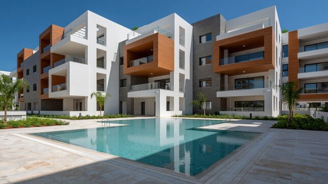 Apartment complex features modern architecture with balconies and a clear blue swimming pool area.