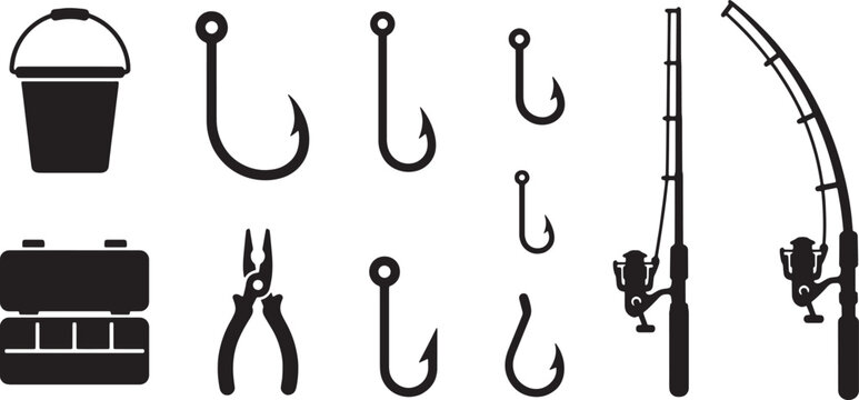 Fishing gear silhouette icon set with rods, hooks, bucket, tackle box and pliers