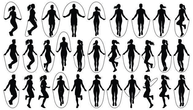 Vector set of silhouettes of people jumping rope