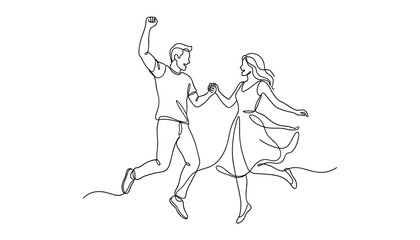 Obraz premium Vector continuous line drawing of a happy couple jumping and holding hands, joyful man and woman celebrating success together