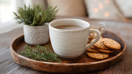 Fototapeta premium A cozy still life arrangement featuring a warm beverage fresh herbs and snack cookies on a rustic wooden tray