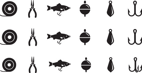 Fishing tackle icon set with line spool, pliers, lure, bobber, sinker and treble hook silhouettes © Open Expression