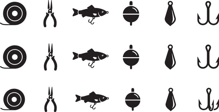Fishing tackle icon set with line spool, pliers, lure, bobber, sinker and treble hook silhouettes