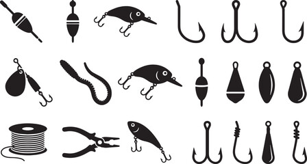 Fishing tackle silhouettes set with hooks, lures, bobbers, sinkers, line spool and pliers © Open Expression