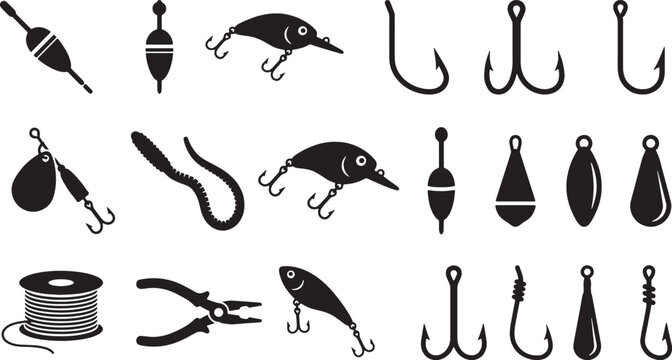 Fishing tackle silhouettes set with hooks, lures, bobbers, sinkers, line spool and pliers