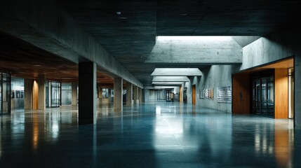 Naklejka premium Inside an empty, vast, contemporary building hall featuring exposed concrete walls, polished floors reflecting natural light, and a minimalist design emphasizing space and modern architecture