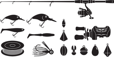 Fishing tackle silhouettes set with rod, reels, lures, line spool, sinkers and bobbers © Open Expression