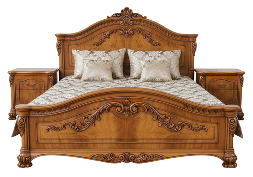 Ornate wooden king size bed with nightstands.