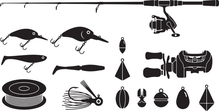 Fishing tackle silhouettes set with rod, reels, lures, line spool, sinkers and bobbers